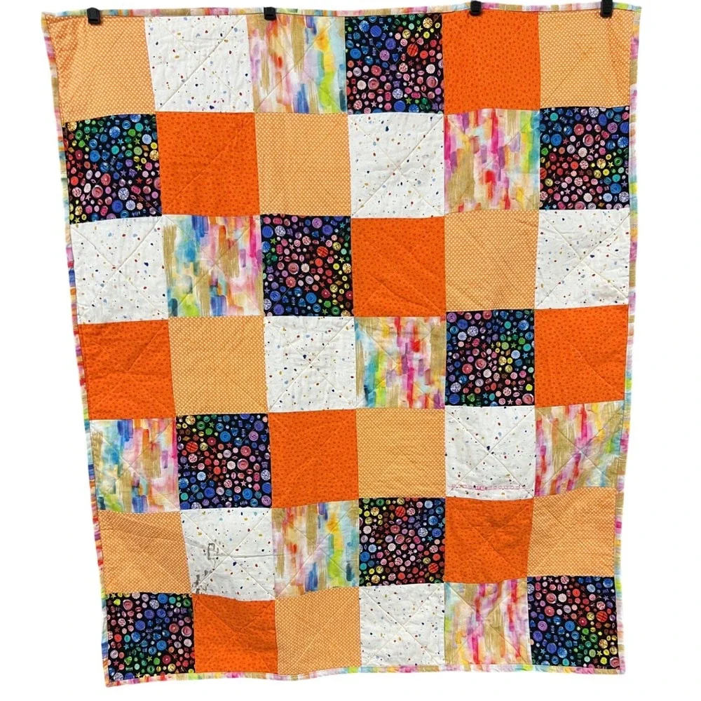 Handmade 40x36 Patchwork Quilt Yellow Plush Backing Nursery Blanket